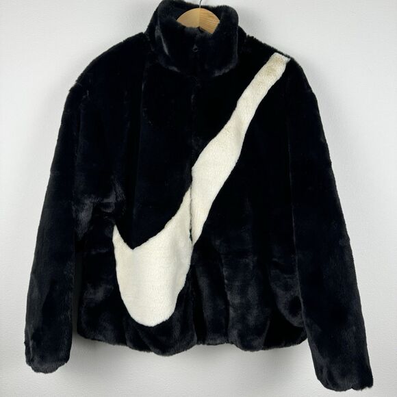 Nike Sportswear Womens Black Fossil Faux Fur Full Zip Jacket Size S DO3791-010 - Picture 1 of 6